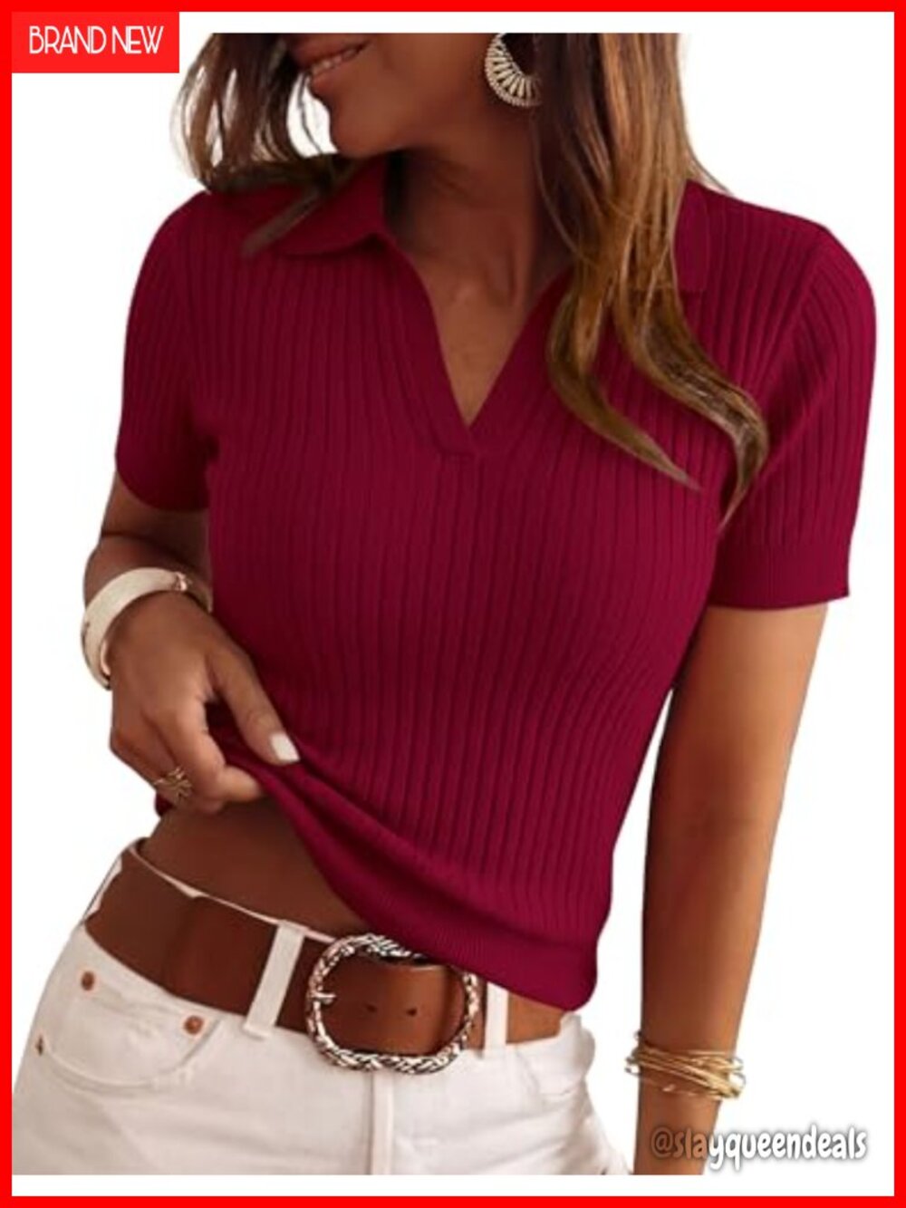 PRETTYGARDEN Women's Short Sleeve Sweater Polo Shirt V-Neck Ribbed Knit